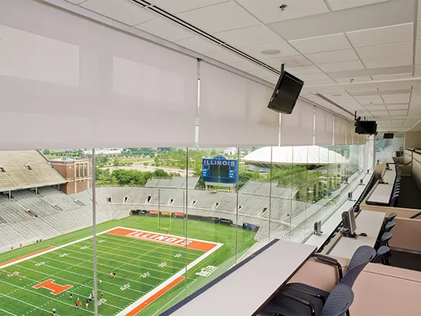 Motorized FlexShade window shades at Memorial Stadium, University of Illinois, Champaign, IL.